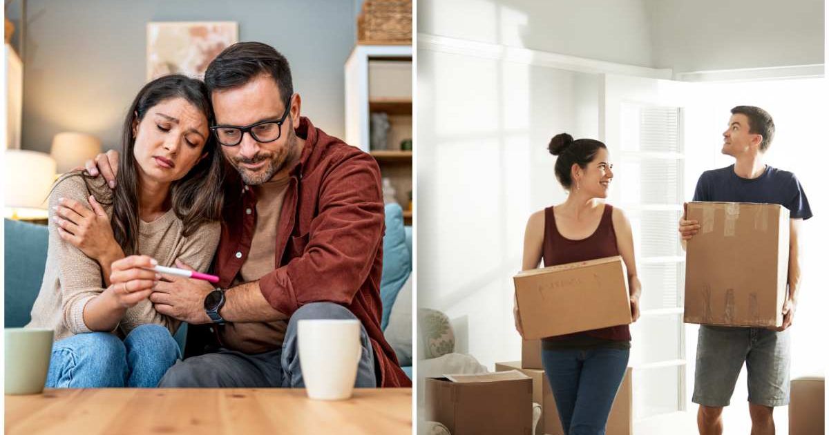 (L) A couple looks upset over pregnancy test result ; (R) A couple moving into new home (Representative Cover Image Source: Getty Images | (L) LordHenriVoton ; (R) AJ_Watt)