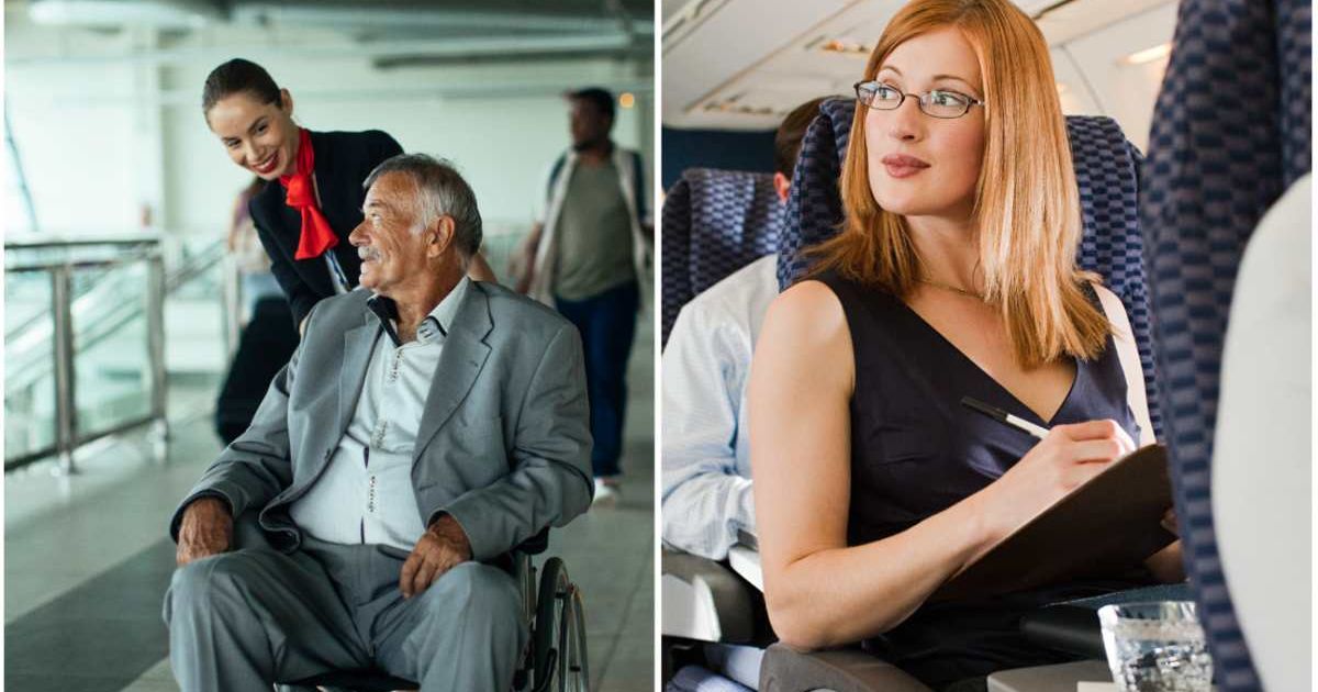 (L ) A man in a wheelchair being assisted by a flight attendant, (R) A woman taking her seat in a flight. (Representative Cover Image Source: Getty Images | Photo by (L) mihailomilovanovic ; (R) Image Source)