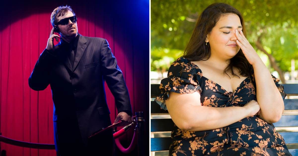 (L) Bouncer at night club. (R) Plus size woman crying. (Representative Cover Image Source: Getty Images | (L) Hill street studios, (R) Antonio_diaz)