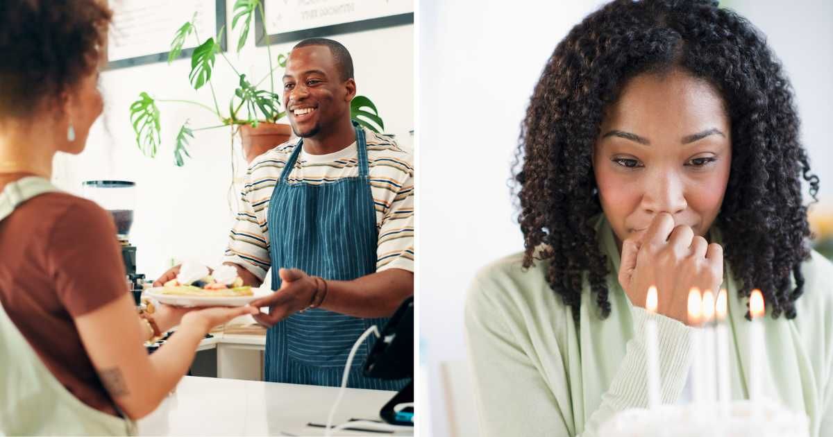 (L) Waiter giving food to a customer. (R) Emotional woman in front of birthday cake. (Representative Cover Image Source: Getty Images | (L) Jacob wackerhausen, (R) Tom grill)