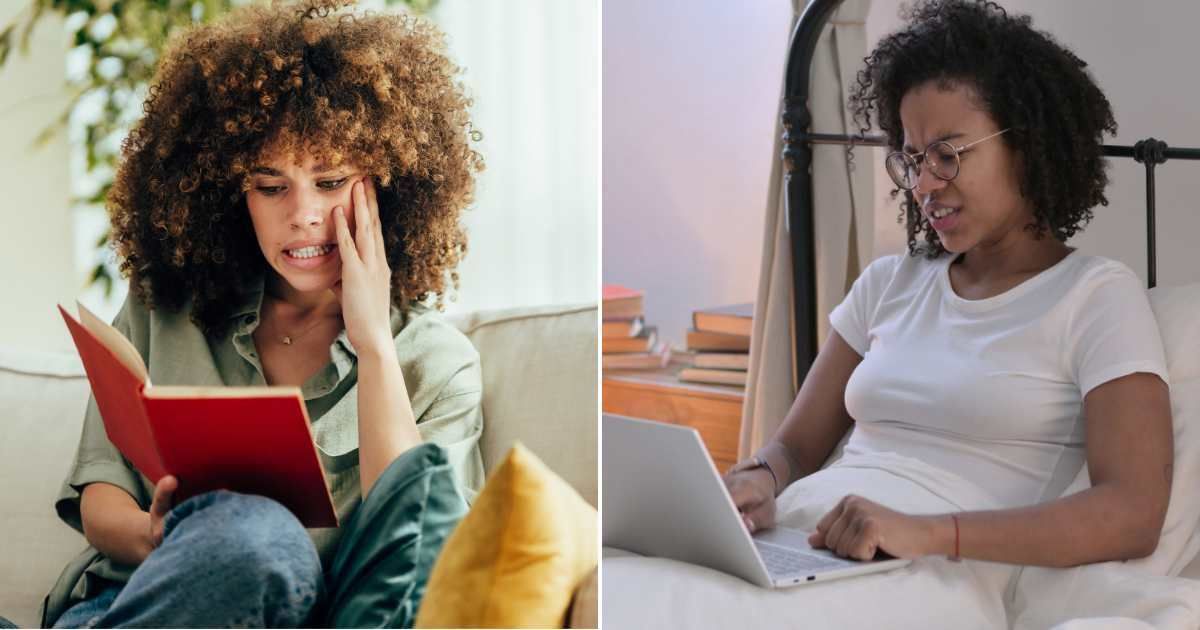 (L) A woman feeling anxious while reading a book. (R) A confused woman looking at her laptop. (Representative Cover Source: Getty Images | (L) mladenbalinovac; (R) RollingCamera)