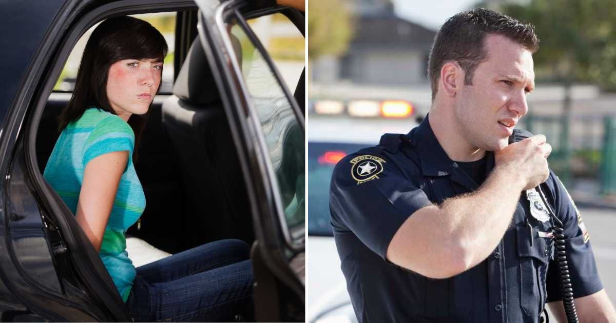 (L) A woman handcuffed inside a car (R) A Police Officer responding to emergency (Representative Cover Source: Getty Images | (L) O2O Creative; (R) kali9)