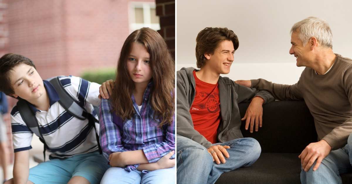 A teenage boy comforting another teenage girl (L).  A father smiling at his teenage son (R). (Representative Cover Image Source: Getty Images | Photo by fstop123 and E. Audras)
