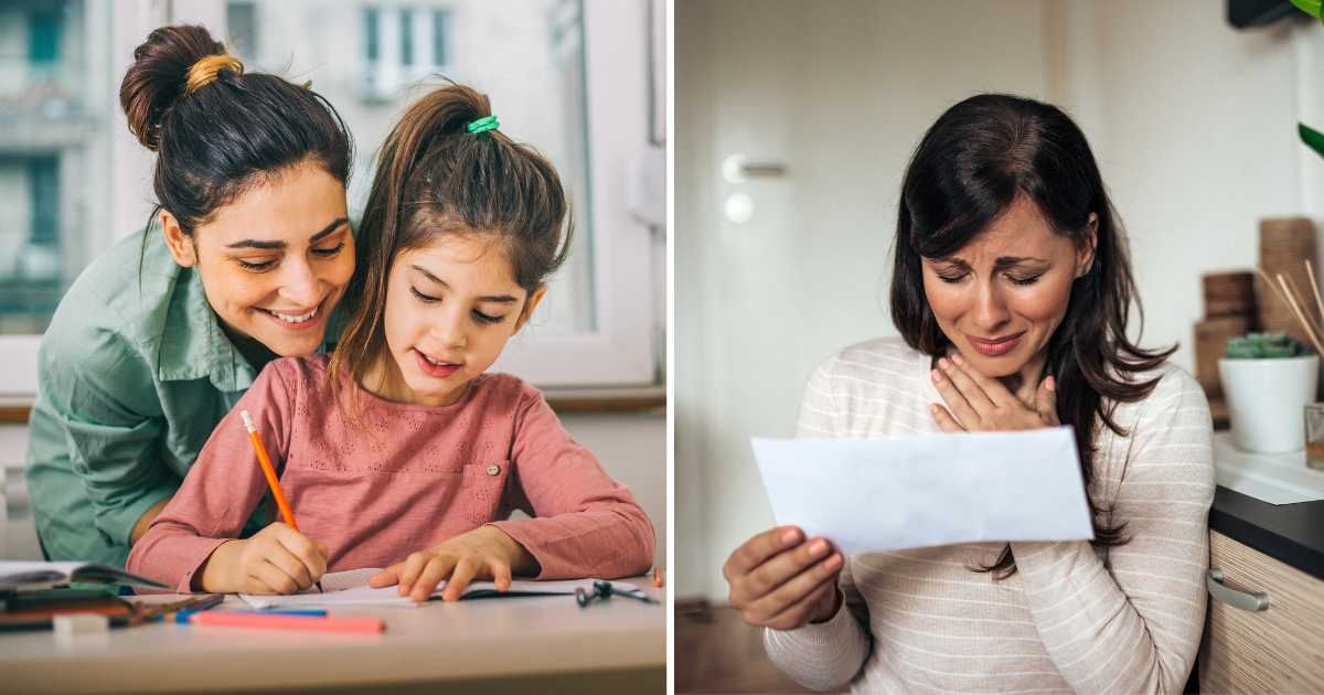 (L) Mom helping daughter. (R) Woman crying reading letter. (Representative Cover Image Source: Getty Images | (L) Obradovic, (R) Nortonrsx)