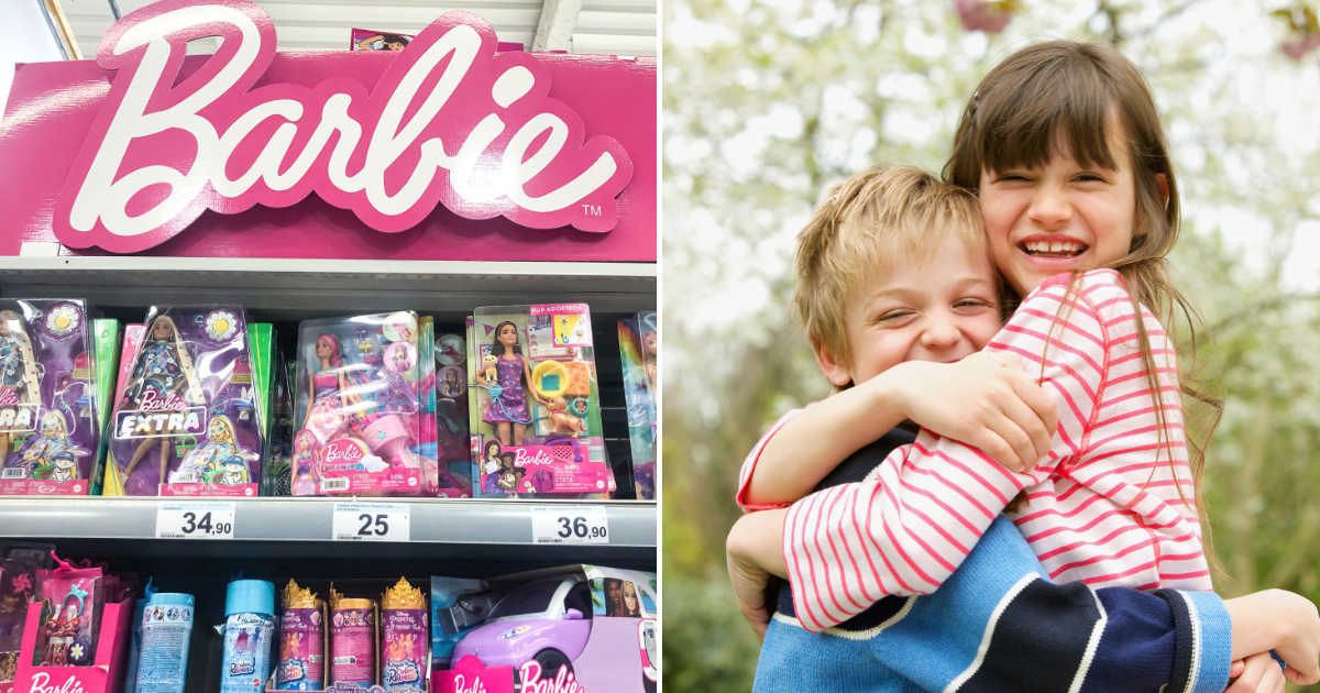 A barbie doll section at a supermarket (L). A little boy hugging his sister (R). (Representative Cover Image Source: Getty Images | Photo by David Benito and Jutta Klee)