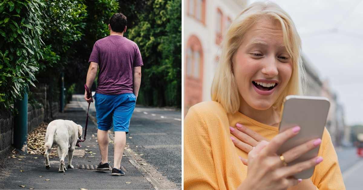 (L) Man walking pet dog. (R) Woman happy shocked looking at phone. (Representative Cover Image Source: Getty Images | (L) Sally Anscombe, (R) Rockaa)