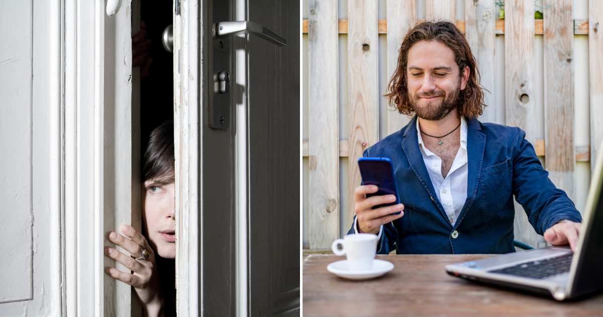 A woman sneaking through another room (L). A man smirks upon reading a text (R). (Representative Cover Image Source: Getty Images | Photo by Justin Case and Westend61)