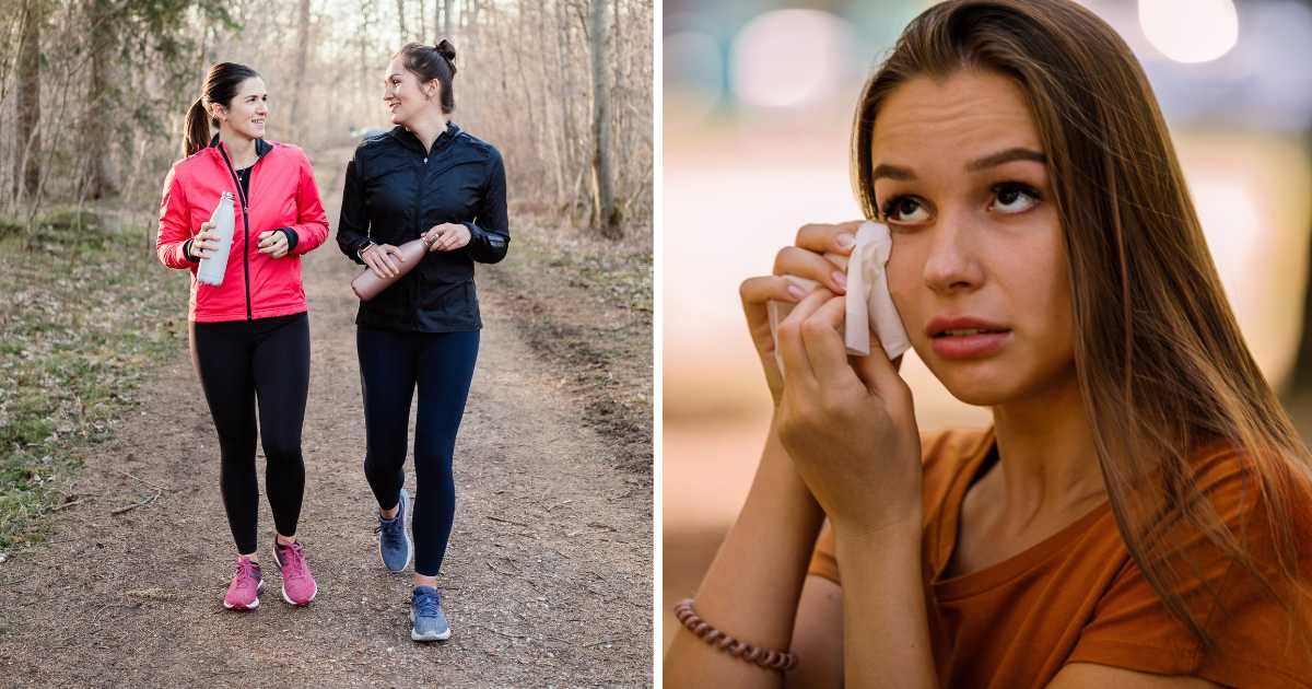 (L) Two woman talking after workout. (R) Young woman crying. (Representative Cover Image Source: Getty Images | (L) Anna Mardo, (R) Professional studio images)