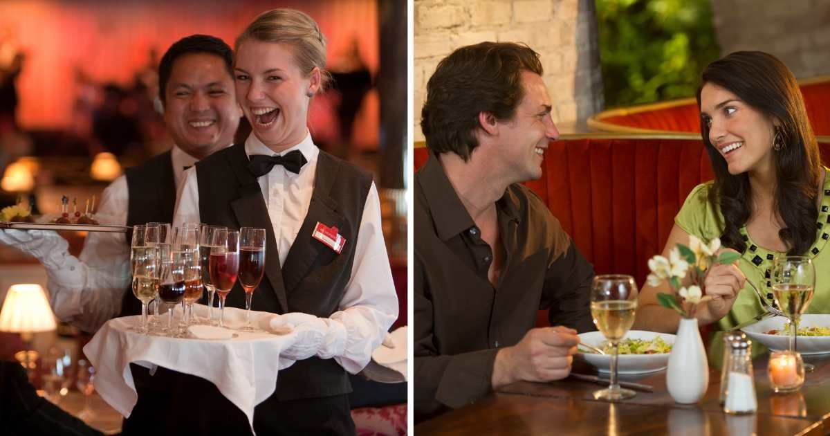 (L) Happy waiters bringing food. (R) Couple on date. (Representative Cover Image Source: Getty Images | (L) Holger Leue, (R) Tetra images)