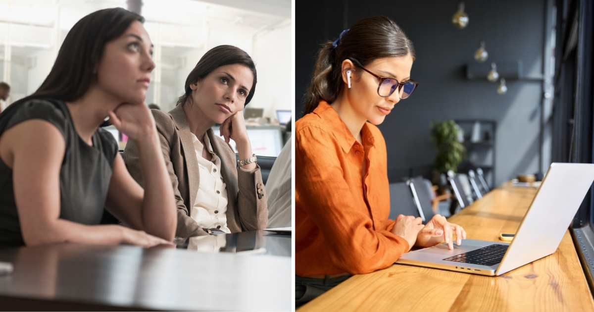 (L) Annoyed coworkers. (R) Woman working on laptop. (Representative Cover Image Source: Getty Images | (L) Jose Luis Pelaez, (R) Yaroslav Olieinikov)