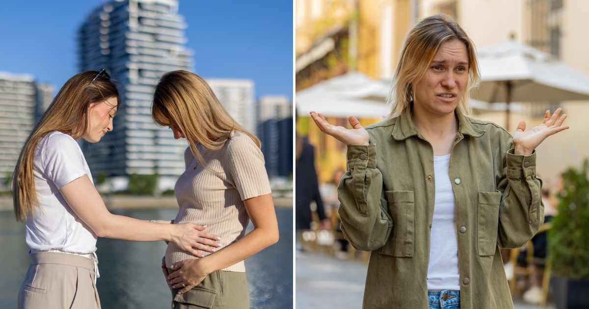 A woman touching another woman's belly (L). A woman looking shocked and disgusted (R). (Representative Cover Image Source: Getty Images | Photo by miljko and Andrii Iemelyanenko)