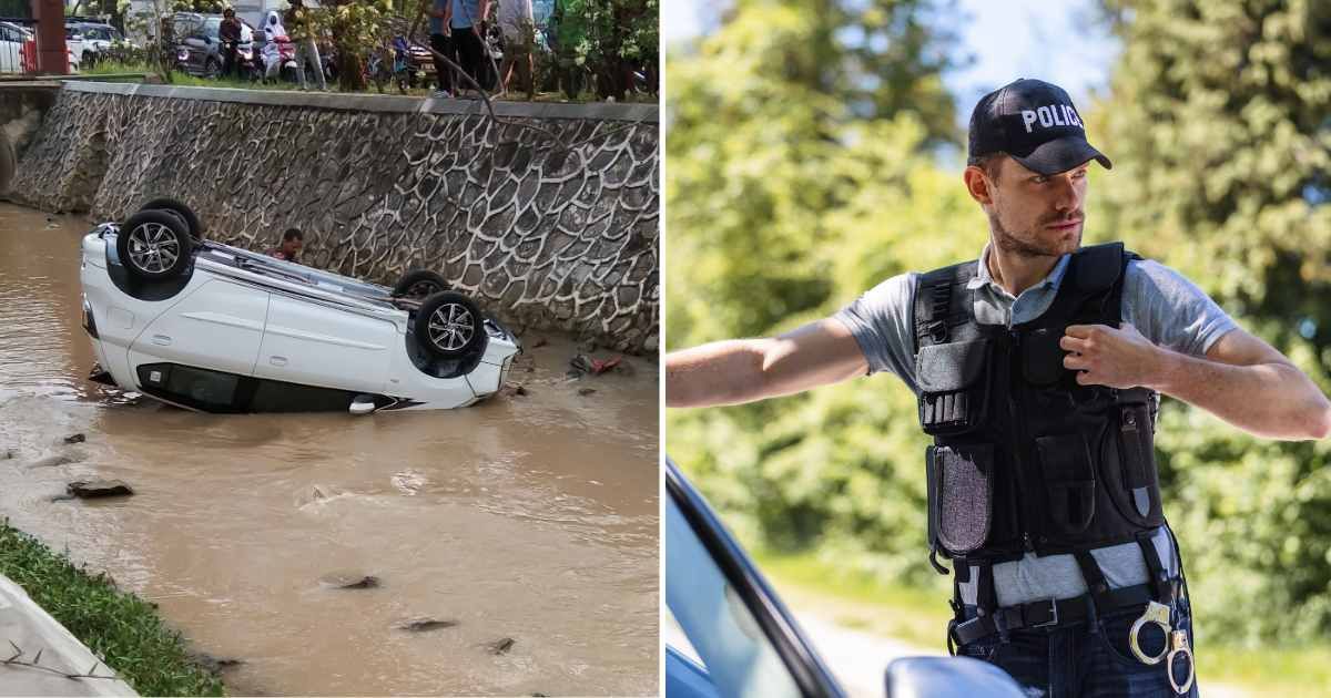 (L) A car turned upside down in a canal (R) A police officer looking for a suspect (Representative Cover Source: Getty Images | (L) Junaidi Rhamadan; (R) AzmanJaka)

