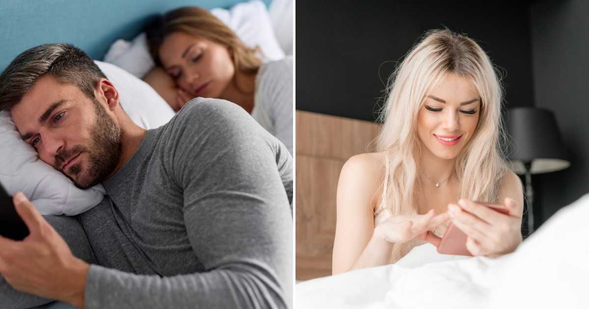 (L) Husband texting while the wife sleeps. (R) Woman checking texts on her phone. (Representative Cover Image Source: Getty Images | L - EmirMemedovski, R - Malkovstock)