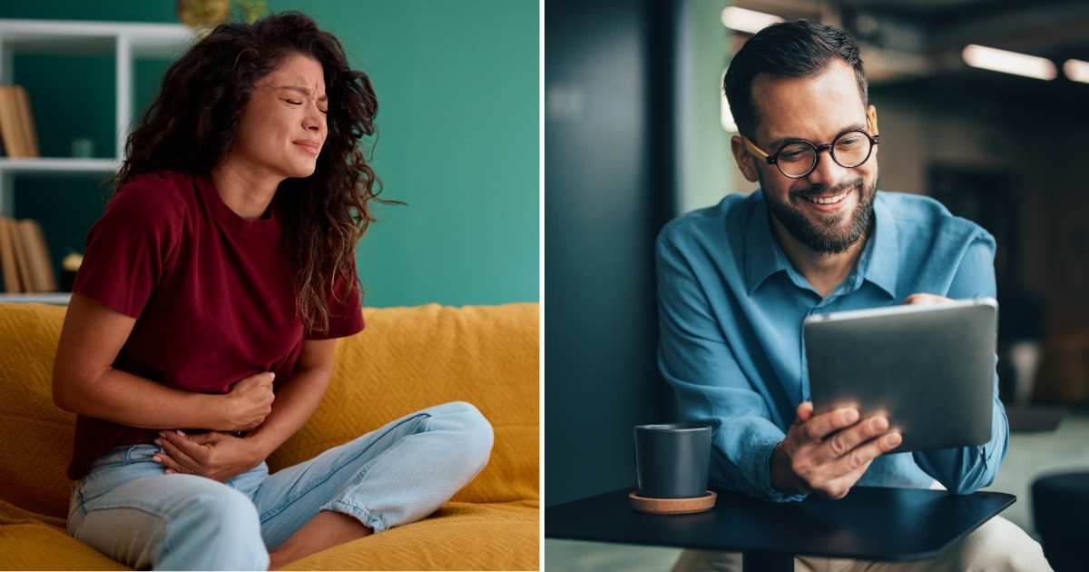 (L) An woman experiencing stomach pain. (R) A man smiling after seeing funny post (Representative Cover Source: Getty Images | (L) Igor Suka; (R) ZenSaBi)
