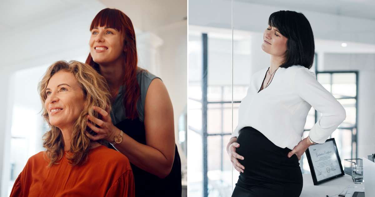 (L) A hairstylist dressing a woman's hair (R) A pregnant woman feeling pain (Representative Cover Source: Getty Images | PeopleImages)
