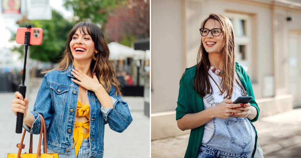A woman videotaping herself on the street (L). A pregnant lady smiling on the street (R). (Representative Cover Image Source: Getty Images | Photo by 	MIGUEL ANGEL PARTIDO GARCIA and eclipse_images)
