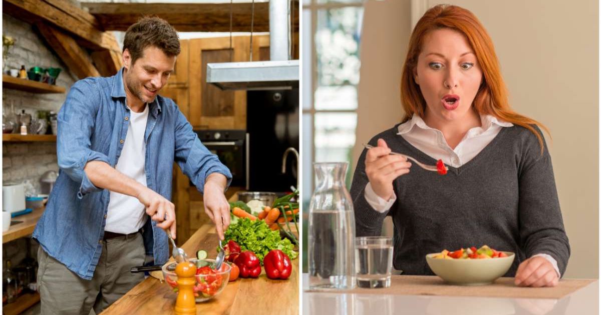 (L ) A man prepping a meal ; (R) A woman looks shocked looking at her meal (Representative Cover Image Source: Getty Images | Photo by (L) boggy22 ; (R) AaronAmat)