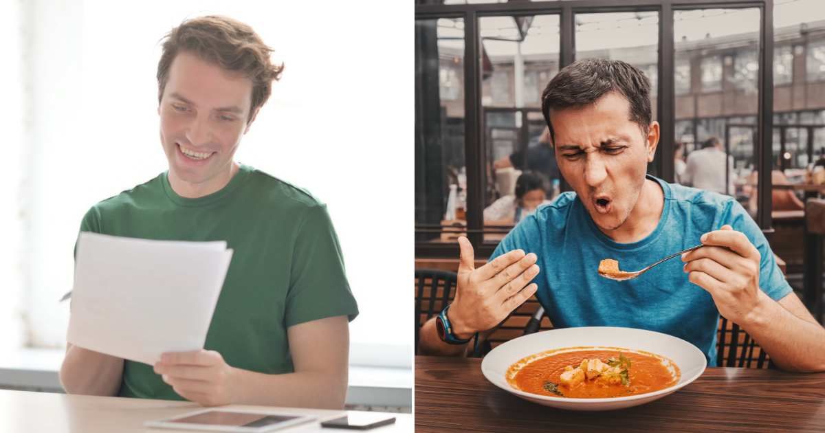 (L) An man laughs reading a paper (R) A man disappointed while having food at a restaurant (Representative Cover Source: Getty Images | (L) yourstockbank; (R) frantic00)

