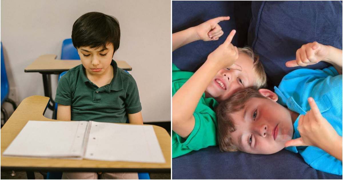 (L) A boy alone in a classroom (R) Two boys talking to each other in sign language (Representative Cover Source: L - Pexels| RDNE Stock Project, R - Getty Images | Huntstock)
