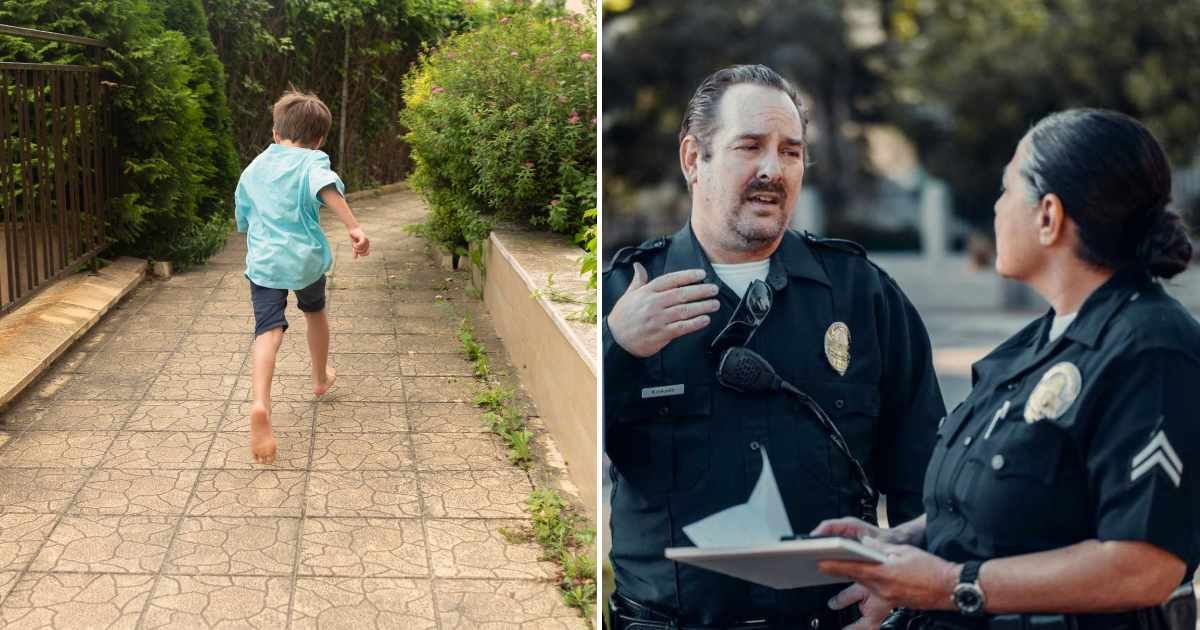 A boy walking barefoot alone (L). Cops knocking at a shop door (R). (Representative Cover Image Source: Pexel Images and Freepic | Photo by Kindel Media)
