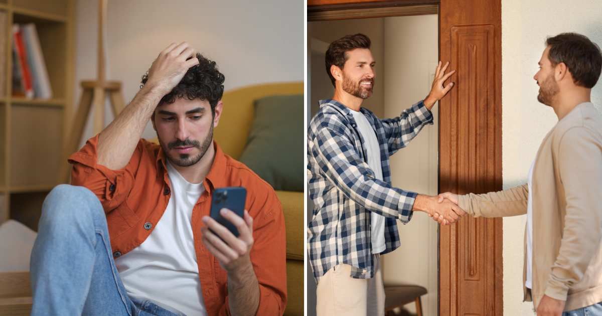(L) Sad man looking at phone. (R) Neighbors talking. (Representative Cover Image Source: Getty Images | (L) Israel Sebastian, (R) Liudmila Chernetska)