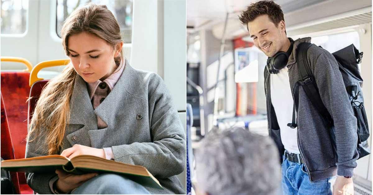 (L ) A woman reading a book in the subway. (R) A man smiling at someone in a subway. (Representative Cover Image Source: L - Pexels| Mart Production, R - Getty Images | Luis Alvarez)