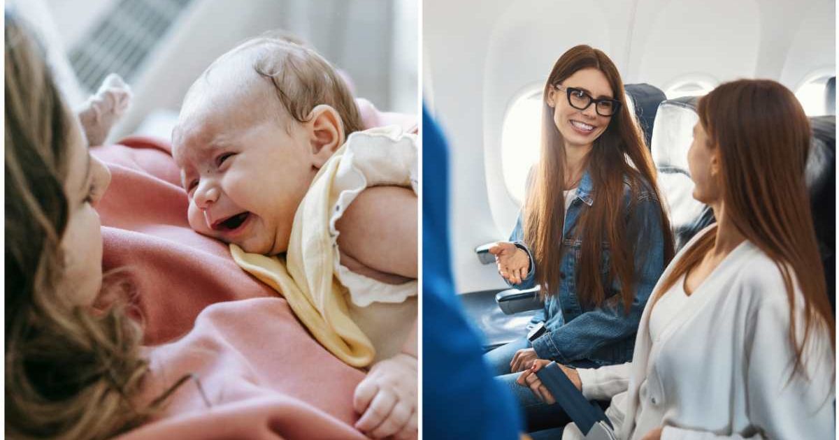 (L )A baby crying on a flight ; (R) A woman talking to her co-passenger on a flight (Representative Cover Image Source: (L) Pexels ; (R) Getty Images | Photo by (L) Sarah Chai ; (R) yacobchuk)