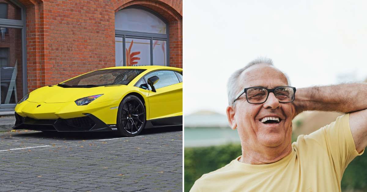 A yellow Lamborghini parked (L). An old man smiling and looking satisfied (R). (Representative Cover Image Source: Getty Images | Photo by Tramino and Igor Alecsander)