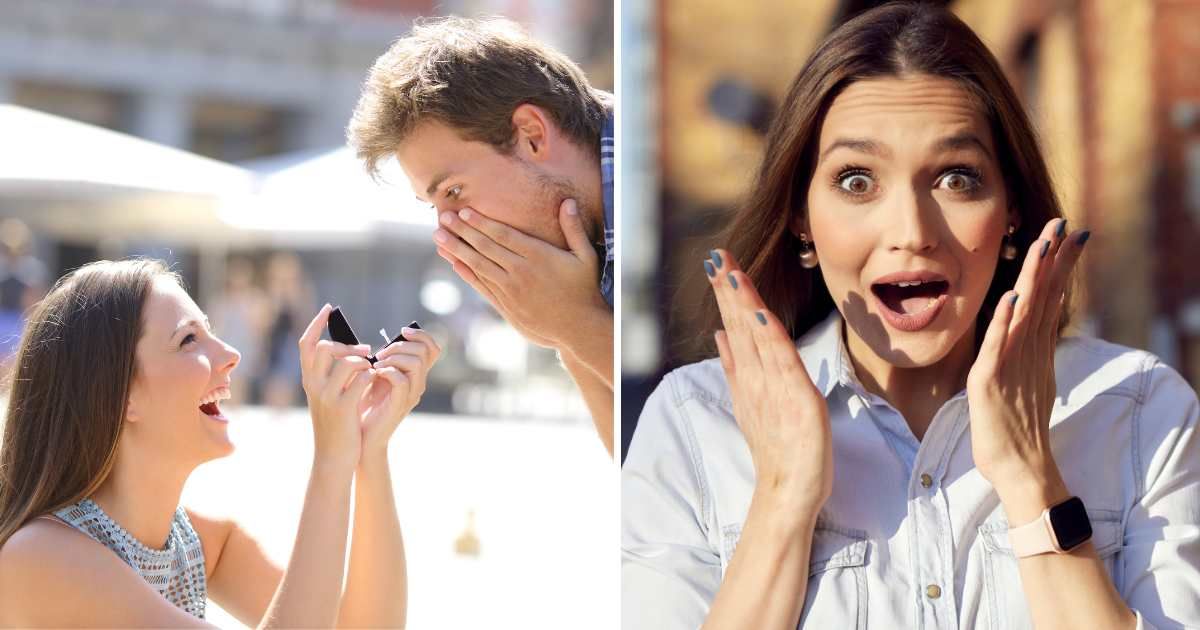 (L) Woman proposing to man. (R) Stunned woman. (Representative Cover Image Source: Getty Images | (L) Antonio Guillem, (R) Westend61)