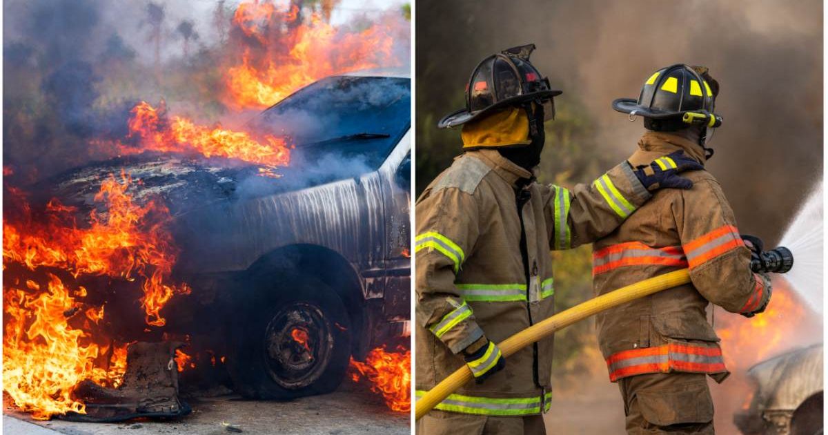 (L )A cat caught on fire ; (R) Firefighters extinguishing a car caught on fire, looking in awe at someone (Representative Cover Image Source: Getty Images | Photo by (L) Nitat Termmee ; (R) Witthaya Prasongsin)