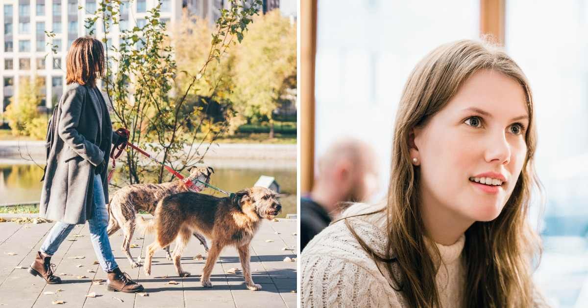 (L) Woman walking two dogs. (R) Stunned woman. (Representative Cover Image Source: Getty Images | (L) Maria Korneeva, (R) Portra)