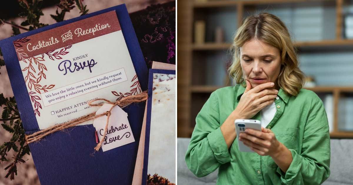 An RSVP invitation card for a wedding and reception (L). A woman worried after reading a text on her phone (R). (Representative Cover Image Source: Getty Images | Photo by madisonwi and liubomyr vorona)