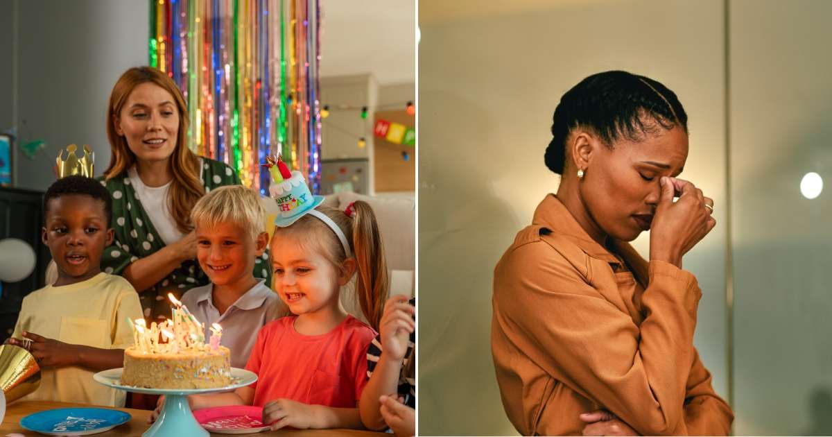 (L) A bunch of kids in a birthday party (R) A  woman looking sad and worried (Representative Cover Source: Getty Images | (L) svetikd; (R) Charday Penn)
