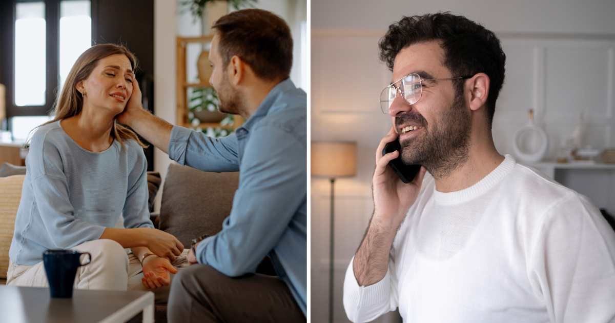 (L) Man comforting crying wife. (R) Man on phone. (Representative Cover Image Source: Getty Images | (L) Realpeoplegroup, (R) ridvan_celik)