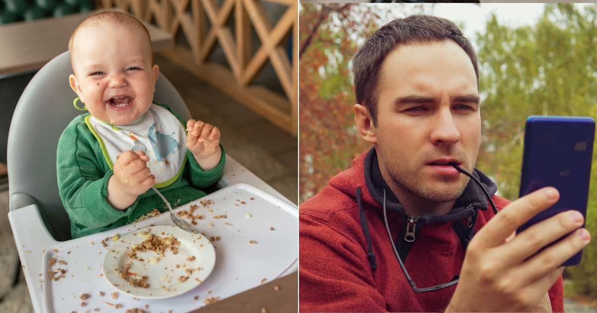 A messy toddler (L). Man suspiciously looking at phone (R). (Representative Cover Image Source: Getty Images | Photo by sankai and Diy13)