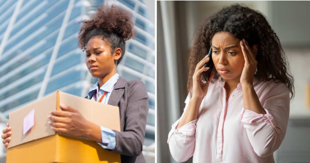 (L) Woman who got fired. (R) Shocked woman on call. (Representative Cover Image Source: Getty Images | (L) Jackyenjoyphotography, (R) Prostock studio)