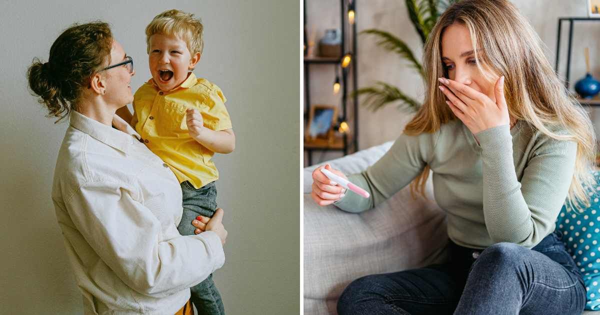 (L) Mom talking to toddler. (R) Woman holding pregnancy test. (Representative Cover Image Source: L - Pexels| Anna Shvets, R - Getty Images | urbazon)