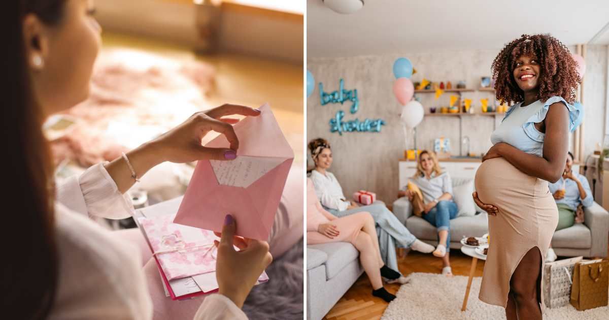 (L) Woman reading an invitation card. (R) A baby shower. (Representative Cover Image Source: Getty Images | (L) fotostorm, (R) urbazon)
