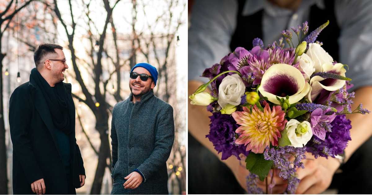(L) Two men on street talking. (R) Flower bouquet. (Representative Cover Image Source: Getty Images | (L) Nevena1987, (R) Greg samborski)