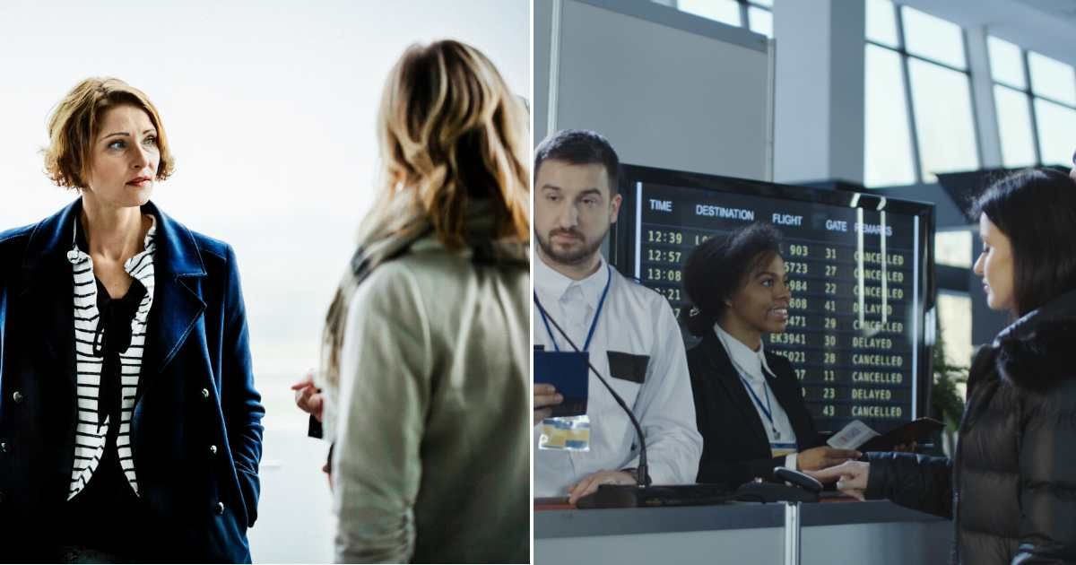 (L) A woman in conversation with group of people at airport (R) A woman talking to the airport staff (Representative Cover Source: Getty Images | (L) EvgeniyShkolenko; (R) Hinterhaus Productions)