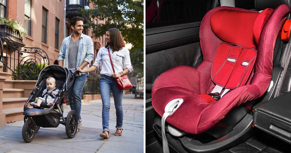 (L) Couple with baby in stroller. (R) Baby car seat. (Representative Cover Image Source: Getty Images | (L) monekybusinessimages, (R) Believe_in_me)
