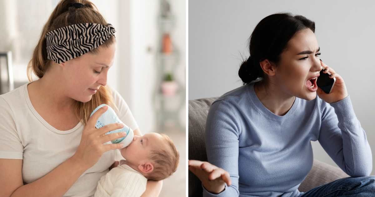 (L) Woman feeding baby with bottle. (R) Angry woman on phone. (Representative Cover Image Source: Getty Images | (L) Renata Hamuda, (R) Evrymmnt)