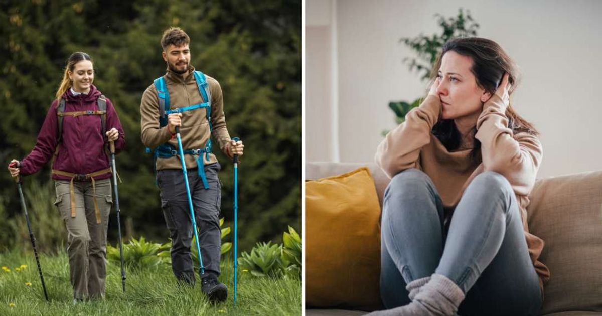 (L ) A couple hiking ; (R) A woman looks upset (Representative Cover Image Source: Getty Images | Photo by (L) Jovanmandic ; (R) Halfpoint Images)