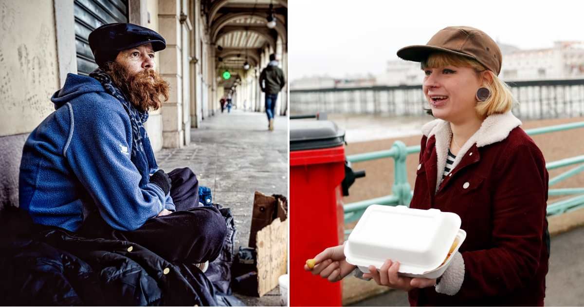 (L) A homeless man on the street (R) A woman carrying food package (Representative Cover Source: Getty Images | (L)LaraBelova; (R) Nick David)
