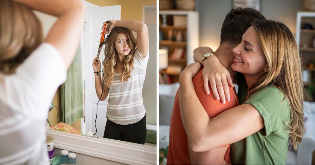 (L) Woman curling hair in front of mirror. (R) Woman hugging partner. (Representative Cover Image Source: Getty Images | (L) Cavan images, (R) Milan markovic)
