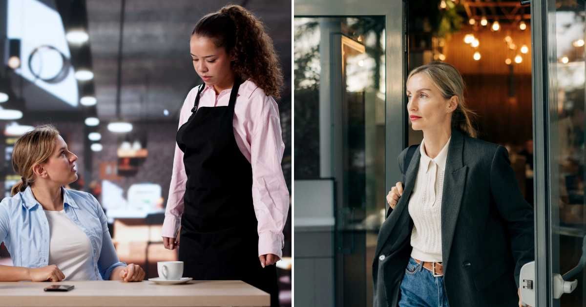 A woman having a discussion with a waitress of a cafe (L). A woman exiting a cafe (R). (Representative Cover Image Source: Getty Images | Photo by 	AndreyPopov and 	ilona titova)