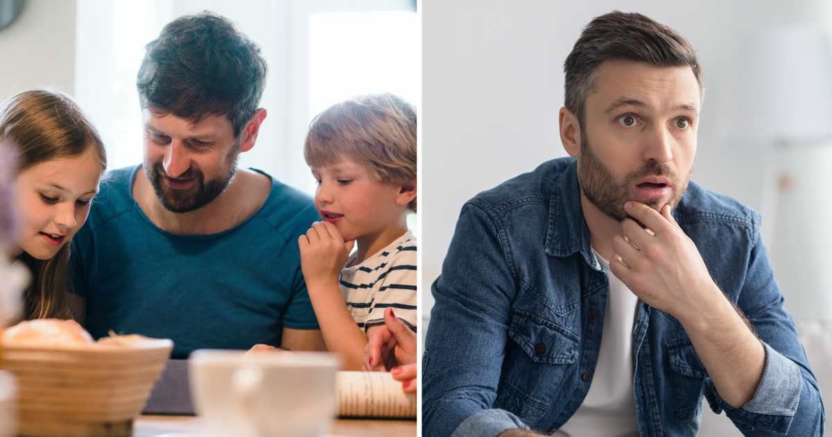 (L) Dad sitting with kids. (R) Shocked man. (Representative Cover Image Source: Getty Images | (L) Westend61, (R) Prostock studio)