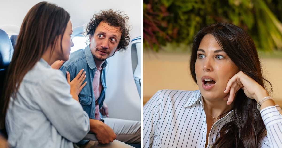 (L) Woman sitting next to man on flight. (R) Shocked woman. (Representative Cover Image Source: Getty Images | (L) Urbazon, Mladen Stankovic)