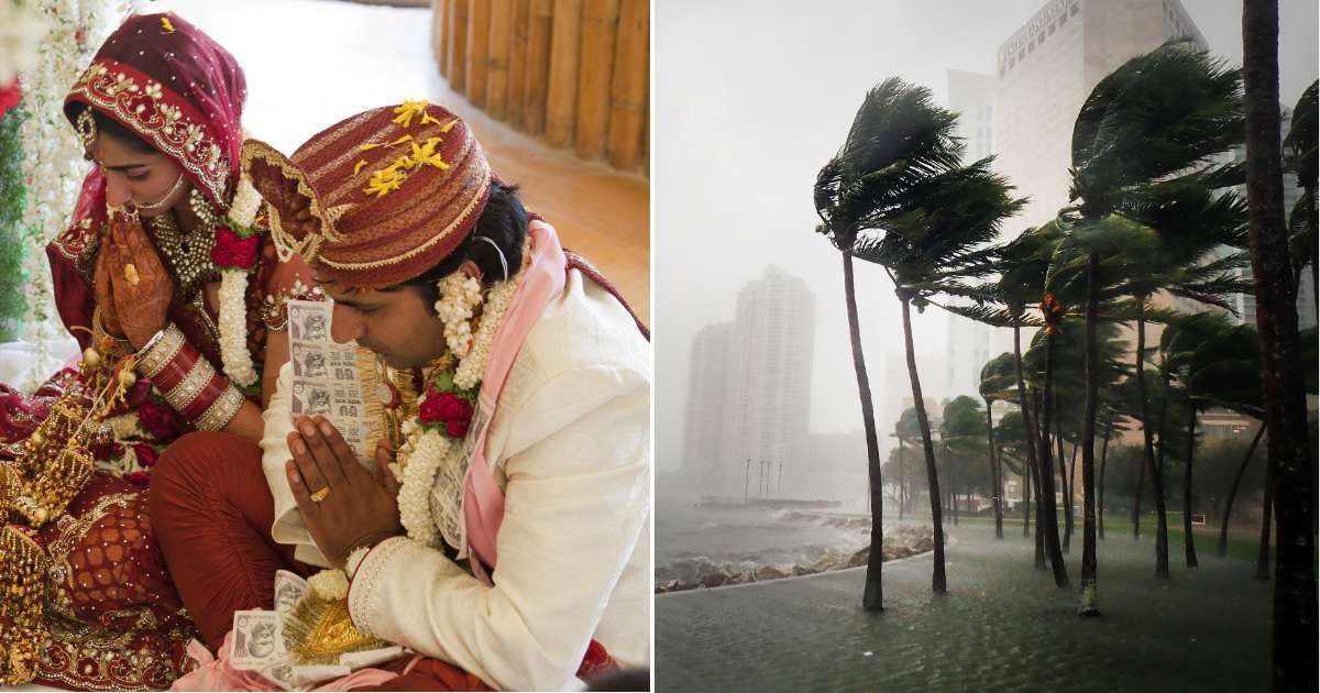 (L) An Indian couple performing rituals during their wedding. (R) A tornado is causing strong winds in a city. (Representative Cover Source: Getty Images | (L) Manu_Bahuguna; (R) Warren Faidley)