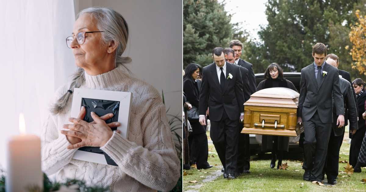 (L) An old woman hugging a picture frame; (R) People at a funeral (Representative Cover Image Source: Getty Images | Photo by (L) Halfpoint; (R) RubberBall Productions)